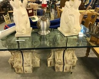 HUGE RARE PLASTER HORSE HEADS $ 300.00
PAIR SETTING ON BEVELED GLASS $ 250.00 TABLE BASES ARE 2 HUGE PLASTER BASES EACH SET 400.00, THEY CAN BE SPLIT AND USED AGAINST A WALL ALSO WITH GLASS, OR MARBLE, OR WOOD TOPS.