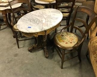 VICTORIAN WALNUT OVAL MARBLE TOP TABLE, $ 225.00
