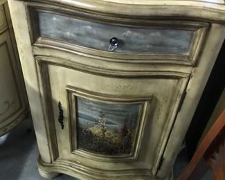 NEW SMALL CABINET, HAND PAINTED WITH HOLLY HOCKS 120.00