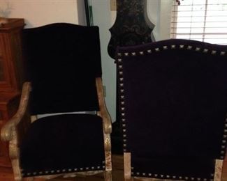 HIGH END DESIGNER PURPLE VELVET MATCHING CHAIRS WITH GREAT NAIL HEADS, PAINTED WOOD FRAMES $ 400.00 PAIR THESE CHAIRS ARE VERY CHIC