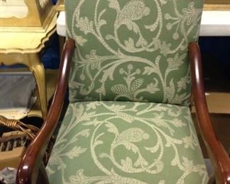 STUNNING WALNUT DESIGNER CHAIRS, WITH LEE JOVA HAND EMBROIDERED FABRIC $ 385.00 PAIR