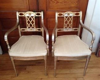 BEAUTIFUL GOLD AND SILVER, WOOD, HIGH END DESIGNER MATCHING CHAIRS, WITH CUSTOM CUSHIONS $ 225.00 PAIR