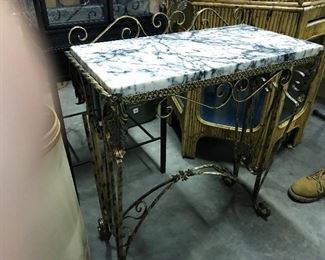 VINTAGE FANCY GOLD IRON TABLE WITH ORIGINAL MARBLE TOP $ 175.00