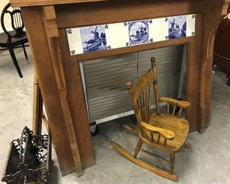 PRIMITIVE PINE FIREPLACEWITH ANTIQUE HOLLAND TILES $ 250.00,PRESSED BACK CHILDS ROCKER 120.00