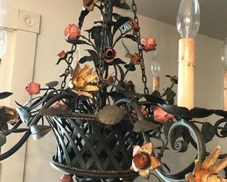 CURRY & CO. CHANDELIER IRON IN DARK GREEN WITH ROSES AND DAFFODILS, WITH BASKET BOTTOM, JUST FABULOUS $ 495.00