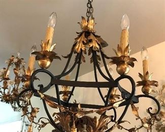 LARGE ITALIAN IRON CHANDELIER , 6 CANDLED, GOLD LEAF, WITH GOLD HANGING TASSELS