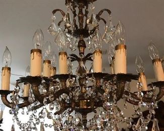 LARGE ITALIAN BRASS CHANDELIER WITH LOTS OF BEAUTIFUL CRYSTALS $ 495.00