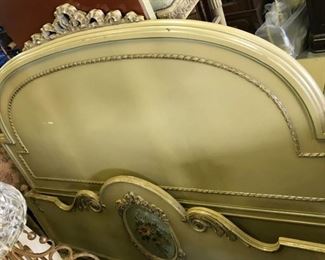 FABULOUS 1940'S COTTAGE BEDROOM SET, FULL SIZE BED WITH RIBBONED CARVINGS, WITH HAND PAINTED FLORAL MADALLION