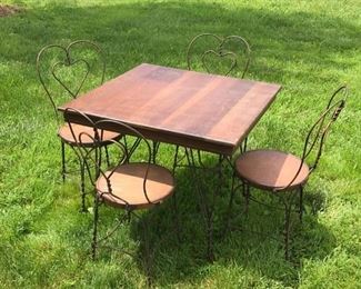 OAK TABLE TOP ICE CREAM SODA FOUNTAIN SET, WITH HEART SHAPED CHAIRS $ 350.00