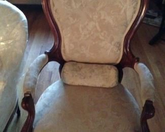 VICTORIAN WALNUT LADIES CHAIR, WITH GOLD CHERUB CREAM ON CREAM $ 225.00 SALE PRICE, PRISTINE CONDITION, WITH SMALL LUMBAR ROUND CUSTOM PILLOW