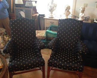 CHIPPENDALE WALNUT CHAIRS , WITH BLACK AND GOLD METALLIC EMBROIDERED BEES "DESIGNER FABRIC" THEY CAN STAND ALONE OR PERFECT FOR THE DINING ROOM TABLE AS HIS AND HERS, OR CAPTAINS OR QUEENS $ PAIR 300.00 SALE PRICE