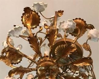ITALIAN GOLD GILT CHANDELIER WITH WHITE PORCELIAN ROSES WE HAVE 3 DIFFERENT SIZES