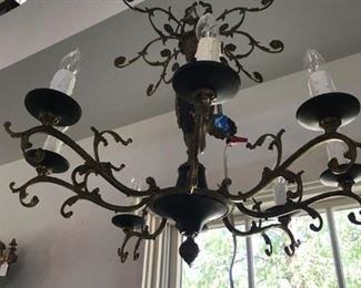 ANTIQUE NEO CLASSICAL IRON CHANDELIER WITH GOLD GILT ACCENTS, ALL ORIGINAL
