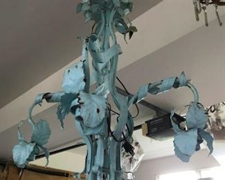 UNIQUE PAINTED IRON VINTAGE IRIS CHANDELIER, NEWLY WIRED, ASK TO SEE AT THE COACH HOUSE