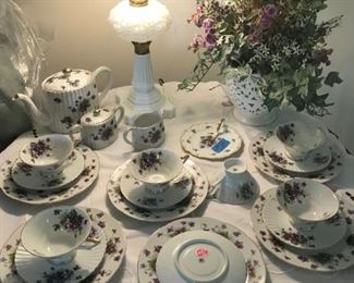 LEFTON CHINA TEA SET SET OF 6 WITH CANDY DISH TOO. MILK GLASS ANTIQUE LAMP, ITALIAN LACE BOWL WITH SILK FLOWER ARRANGEMENTS