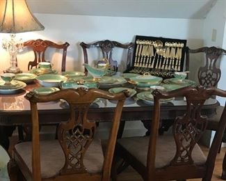 SIX MATCHING CHIPPENDALE CHAIRS WITH BALL AND CLAW FEET, PRISTINE SHAPE $ 700.00 DUNCAN PHYFE MAHOGANY TABLE WITH GLASS TOP, GREAT SHAPE $ 350.00