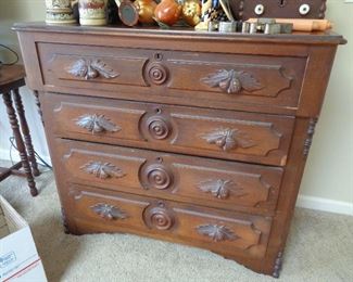 4 matching pieces of this walnut bedroom furniture w/wooden acorn pulls, this is the chest