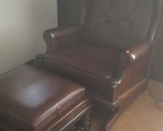 Leather chair with wood and matching ottoman $50