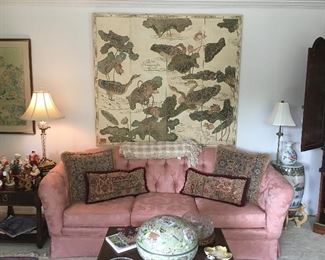 Pink sofa, Asian inspired vintage wall screen 