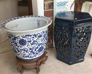 Blue and white Planter, stool/plant stand 