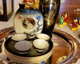 Tea set and Japanes Cloisonne vase