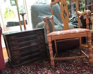 Karastan Rug 9' X 12' 100% wool "Red Sarouk", nice 6 drawer thread chest, vintage chair