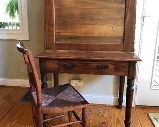 Beautiful antique drop down desk, Hitchcock style chair with rush seat