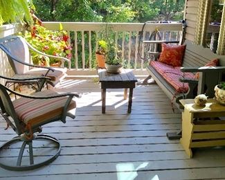Porch Furniture: Wood swing glider, 2 Hampton Bay swivel chairs, small wood table, yellow wood end table...