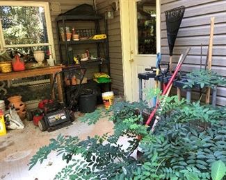 Assortment of hand tools, lawn mower, pots...