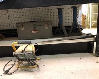 Tool chest, shop light, car jacks...