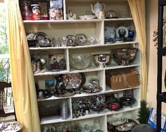 Tins, silver plate, glass ware, punch bowl, glasses, plates, jars, canning...