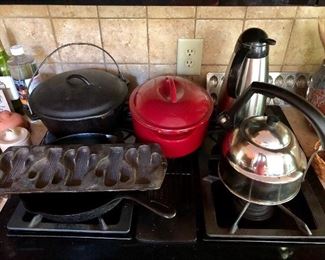 Vintage cast iron: Large kettle/pot, large skillet, Lodge Cactus cornbread pan, teapot, carafe...