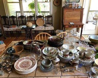 Lots more items in kitchen! Cookie cutters (new and old), Staffordshire England Plates, Pier I dish set 'Macintosh' England Angleterre, pottery...