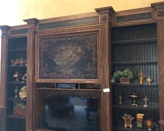 MAGNIFICENT HABERSHAM 3 PC VERY TALL ENTERTAINMENT FITS YOUR LARGE TV AND HAS FLORAL AUTOMATIC TV COVER(SHOWN OPEN)