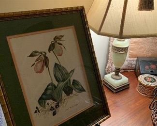 Alabaster table lamp, framed art prints