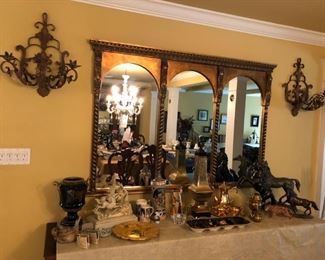 Pair of Antique Candle Sconces, Ornate Mirror, Decorative Items