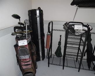 Golf bag stand, Golf travel hard case, assorted clubs