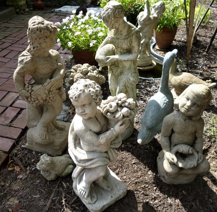 Vintage concrete garden statuary and fountain pieces