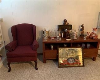 Wing back chair, television cabinet, decanter collection 