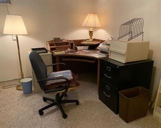 Corner desk, two drawer file cabinet, office chair
