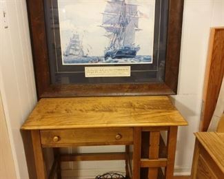 Large framed matted print; solid wood desk