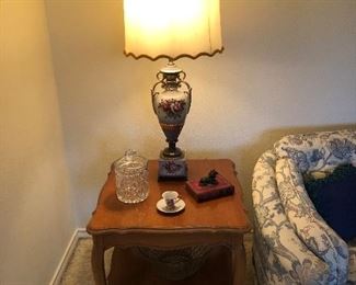 French Provincial side table with 60's handpainted lamp