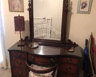 Antique mahogany vanity with mirror and matching stool