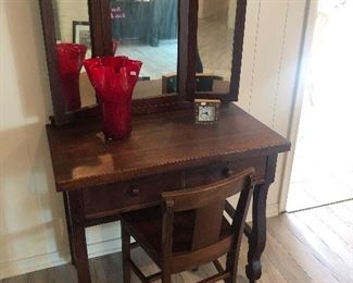 Antique tiger oak vanity with tri fold mirror