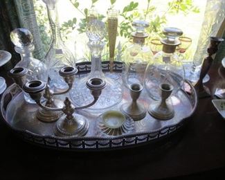 decanters/ silver plate tray