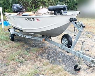 At 8PM: 2009 Crestliner 14ft aluminum boat with modified "V" hull. Length: 13ft, 11in; Beam: 67 in.. Accessories, including a Minn-Kota Endura C2 40 Trolling Motor with foot-pedal control and a Lowrance X-4 Pro Fish/Depth Finder. Boat slipped for two seasons at Lake Nockamixon; stored indoors for winter; has never been in saltwater. Very low hours.