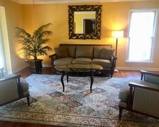 Beautiful Walter E. Smithe Sofa, two Chairs by Martha Stewart for Bernhardt. Gorgeous Sorento area rug, lovely framed mirror, coffee table, tree and opposite wall some Paris prints. OOh la la!