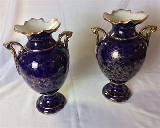 Cobalt Blue and Gilt Porcelain Urns, 13" H.