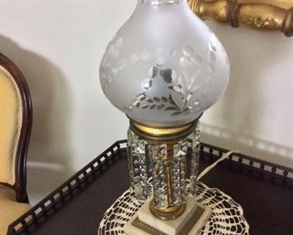 Antique Astral Lamp with a 2-Step Version Marble Base, Frosted Shade and Original Prisms, 20 1/2" H. Mirror, 22" x 38".