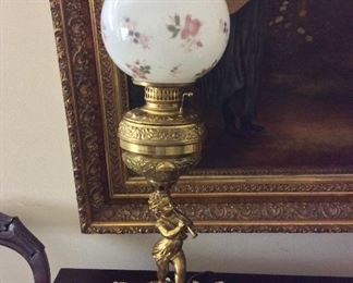 Antique Brass Victorian Lamp with Moss Rose Globe, Circa: 1860-1880.